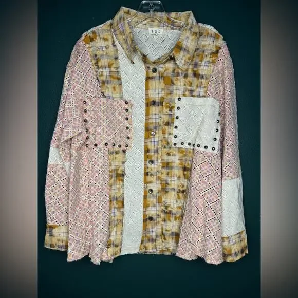 New Pol Boho Patchwork Plaid Multi Color Long Sleeve Oversized Jacket - Picture 3 of 9